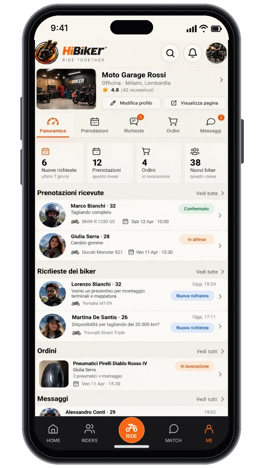 Mockup HiBiker: Dalla vetrina alla gestione.
