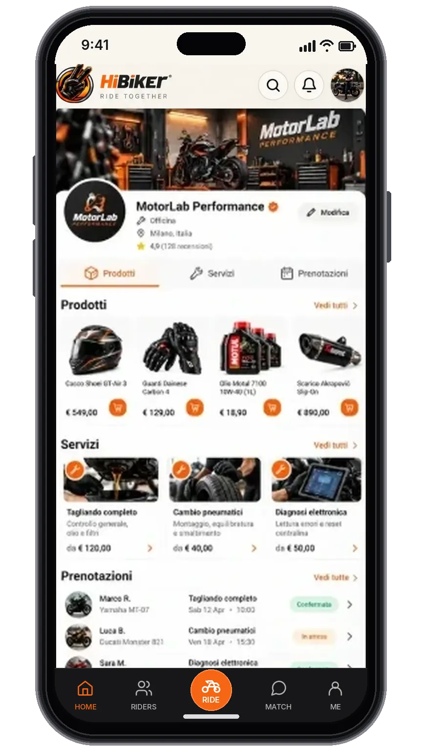 Mockup della presenza di un'attività nel Business Hub, tratto dalla pagina Partner HiBiker
