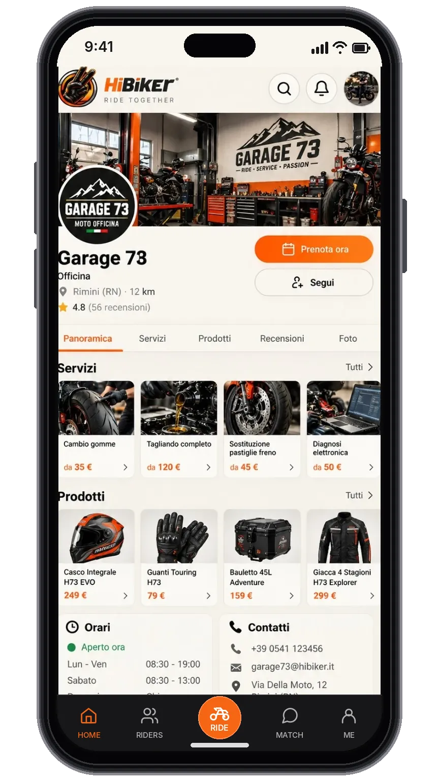 Anteprima completa del profilo attività HiBiker: servizi, prodotti e contatti