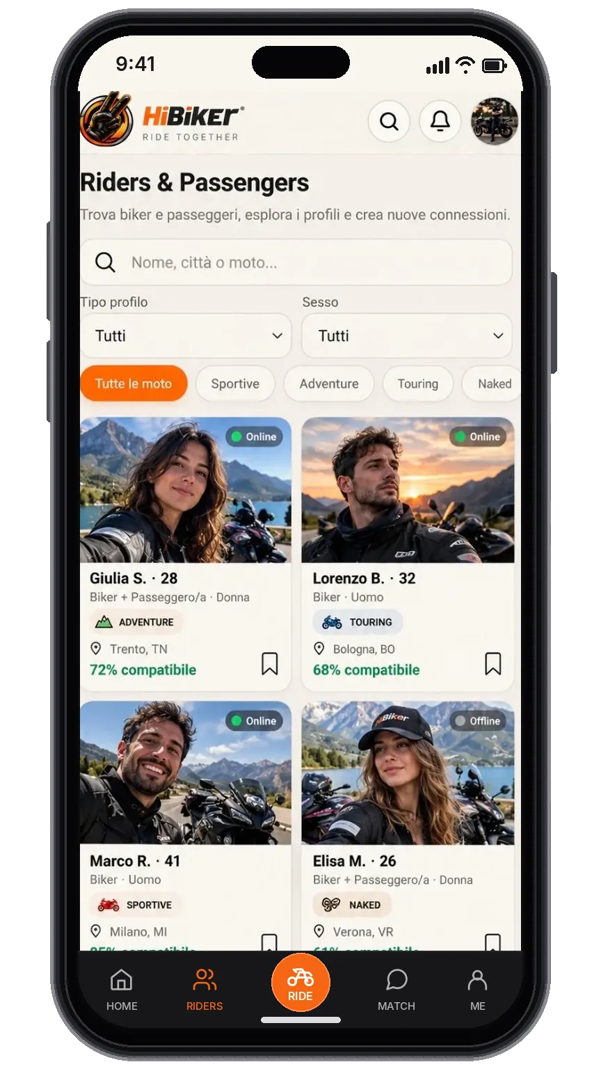 Mockup HiBiker: Le affinità diventano incontri.